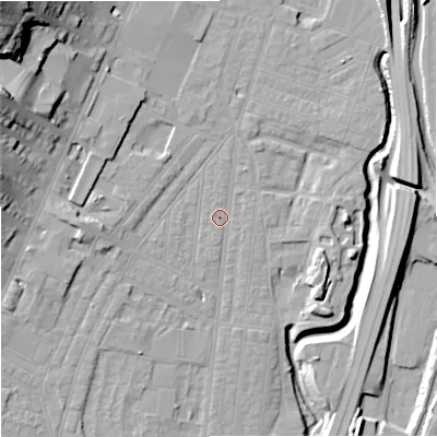 Shaded relief map of the ground around ST44DU, computed from Environment Agency LiDAR. The ground here sits at about 109 m above sea level and falls 34 m across the surrounding 800 m. Surface water reaching this point runs off ground lying to the north-north-east, 1.2 m higher.