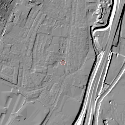 Shaded relief map of the ground around ST44DX, computed from Environment Agency LiDAR. The ground here sits at about 106 m above sea level and falls 18 m across the surrounding 800 m. Surface water reaching this point runs off ground lying to the north-north-west, 6.9 m higher.