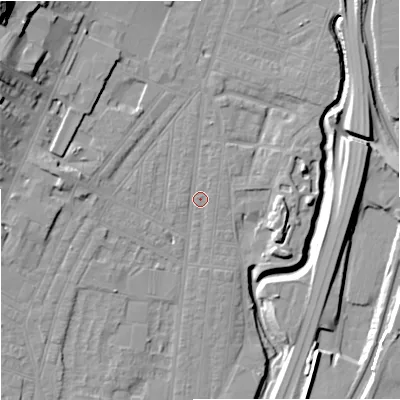 Shaded relief map of the ground around ST44DZ, computed from Environment Agency LiDAR. The ground here sits at about 108 m above sea level and falls 28 m across the surrounding 800 m. Surface water reaching this point runs off ground lying to the north, 1.4 m higher.