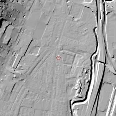 Shaded relief map of the ground around ST44EA, computed from Environment Agency LiDAR. The ground here sits at about 109 m above sea level and falls 33 m across the surrounding 800 m. Surface water reaching this point runs off ground lying to the north, 1.1 m higher.