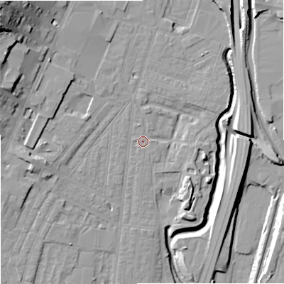 Shaded relief map of the ground around ST44ED, computed from Environment Agency LiDAR. The ground here sits at about 109 m above sea level and falls 26 m across the surrounding 800 m. Surface water reaching this point runs off ground lying to the east, 1.4 m higher.