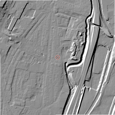 Shaded relief map of the ground around ST44EH, computed from Environment Agency LiDAR. The ground here sits at about 108 m above sea level and falls 17 m across the surrounding 800 m. The ground contributing surface water to this point lies to the west.