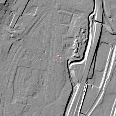 Shaded relief map of the ground around ST44EJ, computed from Environment Agency LiDAR. The ground here sits at about 108 m above sea level and falls 17 m across the surrounding 800 m. The ground contributing surface water to this point lies to the north.