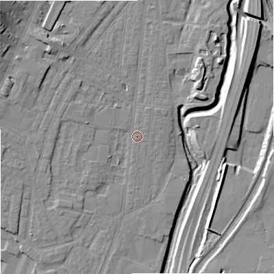 Shaded relief map of the ground around ST44EL, computed from Environment Agency LiDAR. The ground here sits at about 107 m above sea level and falls 18 m across the surrounding 800 m. Surface water reaching this point runs off ground lying to the north-west, 4.6 m higher.