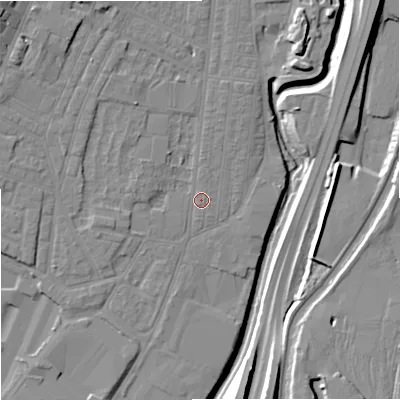 Shaded relief map of the ground around ST44EN, computed from Environment Agency LiDAR. The ground here sits at about 106 m above sea level and falls 14 m across the surrounding 800 m. Surface water reaching this point runs off ground lying to the north-north-west, 3.6 m higher.