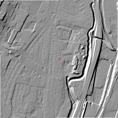 Shaded relief map of the ground around ST44EQ, computed from Environment Agency LiDAR. The ground here sits at about 108 m above sea level and falls 18 m across the surrounding 800 m. Surface water reaching this point runs off ground lying to the north-east, 2.9 m higher.