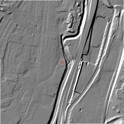 Shaded relief map of the ground around ST44EZ, computed from Environment Agency LiDAR. The ground here sits at about 106 m above sea level and falls 21 m across the surrounding 800 m. Surface water reaching this point runs off ground lying to the west-north-west, 1.5 m higher.