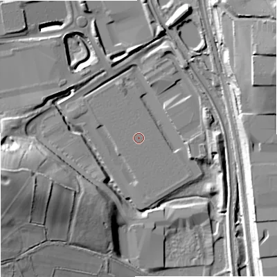 Shaded relief map of the ground around ST44FA, computed from Environment Agency LiDAR. The ground here sits at about 105 m above sea level and falls 32 m across the surrounding 800 m. The ground contributing surface water to this point lies to the east-south-east.