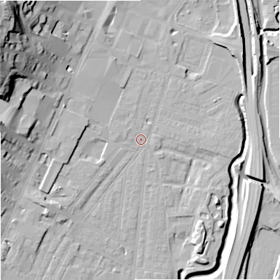 Shaded relief map of the ground around ST44FE, computed from Environment Agency LiDAR. The ground here sits at about 109 m above sea level and falls 36 m across the surrounding 800 m. Surface water reaching this point runs off ground lying to the north-west, 31.2 m higher.