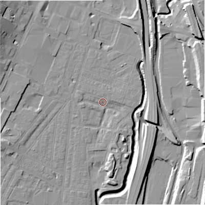 Shaded relief map of the ground around ST44FF, computed from Environment Agency LiDAR. The ground here sits at about 109 m above sea level and falls 18 m across the surrounding 800 m. Surface water reaching this point runs off ground lying to the north, 2.4 m higher.