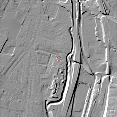 Shaded relief map of the ground around ST44FG, computed from Environment Agency LiDAR. The ground here sits at about 109 m above sea level and falls 22 m across the surrounding 800 m. Surface water reaching this point runs off ground lying to the south, 2.1 m higher.