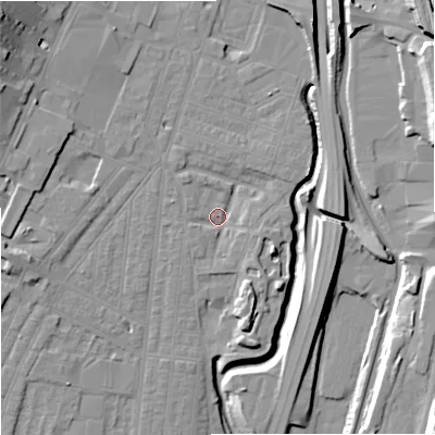 Shaded relief map of the ground around ST44FH, computed from Environment Agency LiDAR. The ground here sits at about 108 m above sea level and falls 19 m across the surrounding 800 m. Surface water reaching this point runs off ground lying to the east-south-east, 2.7 m higher.