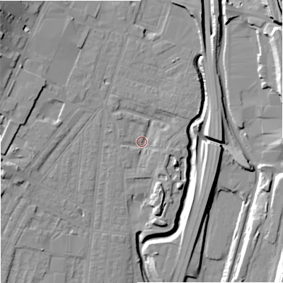 Shaded relief map of the ground around ST44FJ, computed from Environment Agency LiDAR. The ground here sits at about 108 m above sea level and falls 19 m across the surrounding 800 m. Surface water reaching this point runs off ground lying to the east-south-east, 2.9 m higher.