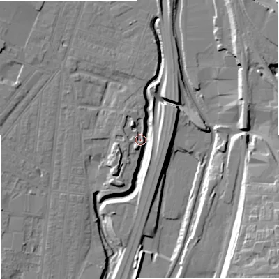 Shaded relief map of the ground around ST44FT, computed from Environment Agency LiDAR. The ground here sits at about 108 m above sea level and falls 26 m across the surrounding 800 m. Surface water reaching this point runs off ground lying to the north-east, 9.2 m higher.
