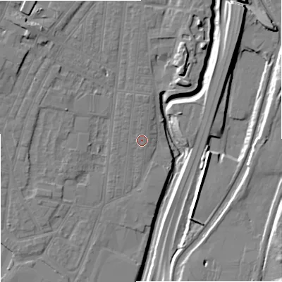 Shaded relief map of the ground around ST44HB, computed from Environment Agency LiDAR. The ground here sits at about 107 m above sea level and falls 17 m across the surrounding 800 m. Surface water reaching this point runs off ground lying to the north, 1.8 m higher.