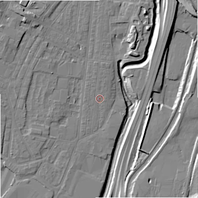 Shaded relief map of the ground around ST44HE, computed from Environment Agency LiDAR. The ground here sits at about 107 m above sea level and falls 14 m across the surrounding 800 m. Surface water reaching this point runs off ground lying to the north-north-east, 2.0 m higher.