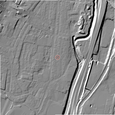 Shaded relief map of the ground around ST44HF, computed from Environment Agency LiDAR. The ground here sits at about 107 m above sea level and falls 14 m across the surrounding 800 m. Surface water reaching this point runs off ground lying to the north, 1.1 m higher.