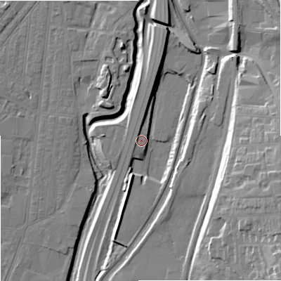 Shaded relief map of the ground around ST44HP, computed from Environment Agency LiDAR. The ground here sits at about 109 m above sea level and falls 28 m across the surrounding 800 m. Surface water reaching this point runs off ground lying to the north-north-west, 5.0 m higher.