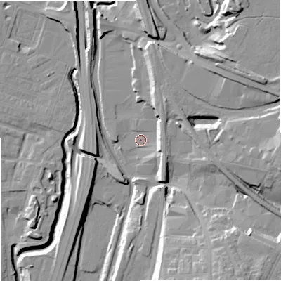 Shaded relief map of the ground around ST44HW, computed from Environment Agency LiDAR. The ground here sits at about 110 m above sea level and falls 26 m across the surrounding 800 m. Surface water reaching this point runs off ground lying to the east-north-east, 7.7 m higher.