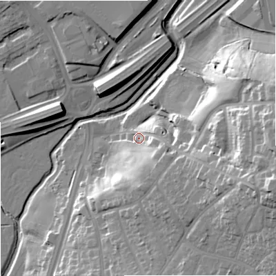 Shaded relief map of the ground around ST44QB, computed from Environment Agency LiDAR. The ground here sits at about 104 m above sea level and falls 35 m across the surrounding 800 m. Surface water reaching this point runs off ground lying to the east-south-east, 25.9 m higher.