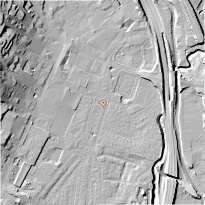 Shaded relief map of the ground around ST44QX, computed from Environment Agency LiDAR. The ground here sits at about 110 m above sea level and falls 29 m across the surrounding 800 m. Surface water reaching this point runs off ground lying to the west-north-west, 2.7 m higher.