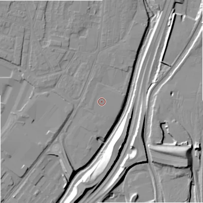 Shaded relief map of the ground around ST44RU, computed from Environment Agency LiDAR. The ground here sits at about 106 m above sea level and falls 19 m across the surrounding 800 m. The ground contributing surface water to this point lies to the west.