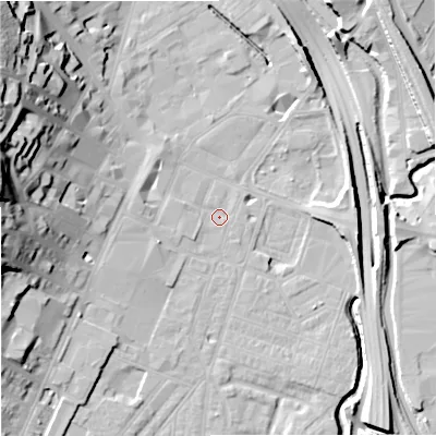 Shaded relief map of the ground around ST44SY, computed from Environment Agency LiDAR. The ground here sits at about 110 m above sea level and falls 31 m across the surrounding 800 m. Surface water reaching this point runs off ground lying to the west, 1.7 m higher.