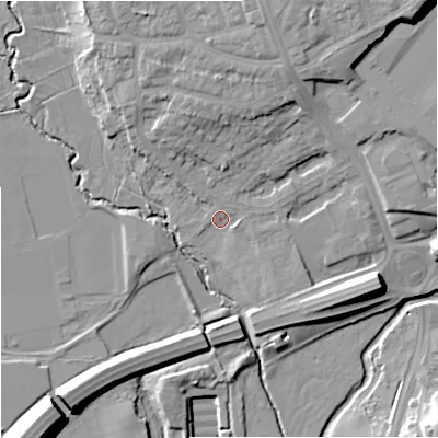 Shaded relief map of the ground around ST46NB, computed from Environment Agency LiDAR. The ground here sits at about 102 m above sea level and falls 21 m across the surrounding 800 m. Surface water reaching this point runs off ground lying to the north-north-east, 8.3 m higher.