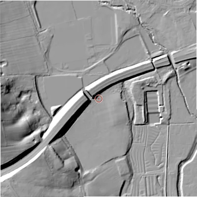 Shaded relief map of the ground around ST46ND, computed from Environment Agency LiDAR. The ground here sits at about 102 m above sea level and falls 42 m across the surrounding 800 m. Surface water reaching this point runs off ground lying to the north-west, 7.5 m higher.