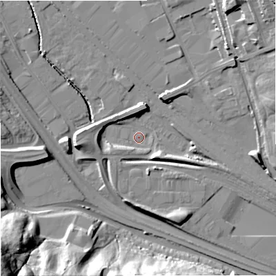 Shaded relief map of the ground around ST47AW, computed from Environment Agency LiDAR. The ground here sits at about 113 m above sea level and falls 37 m across the surrounding 800 m. Surface water reaching this point runs off ground lying to the south-east, 5.4 m higher.