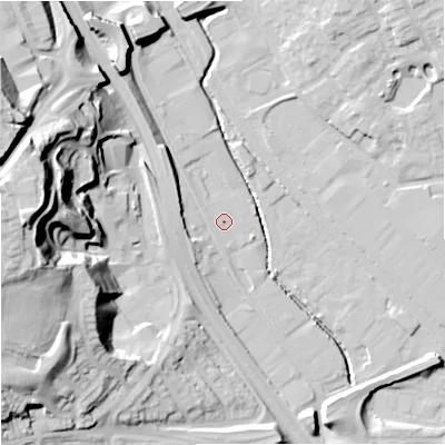 Shaded relief map of the ground around ST47AY, computed from Environment Agency LiDAR. The ground here sits at about 115 m above sea level and falls 44 m across the surrounding 800 m. Surface water reaching this point runs off ground lying to the west, 1.0 m higher.