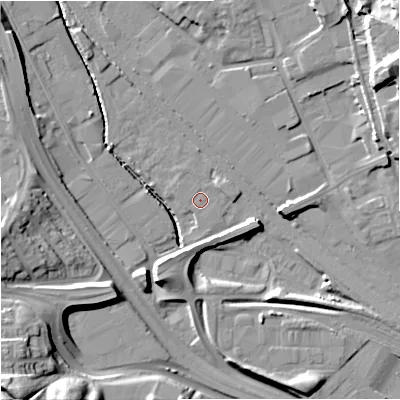 Shaded relief map of the ground around ST47BB, computed from Environment Agency LiDAR. The ground here sits at about 114 m above sea level and falls 26 m across the surrounding 800 m. The ground contributing surface water to this point lies to the north-north-east.
