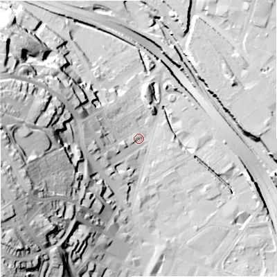 Shaded relief map of the ground around ST47LR, computed from Environment Agency LiDAR. The ground here sits at about 111 m above sea level and falls 52 m across the surrounding 800 m. Surface water reaching this point runs off ground lying to the west-south-west, 46.4 m higher.