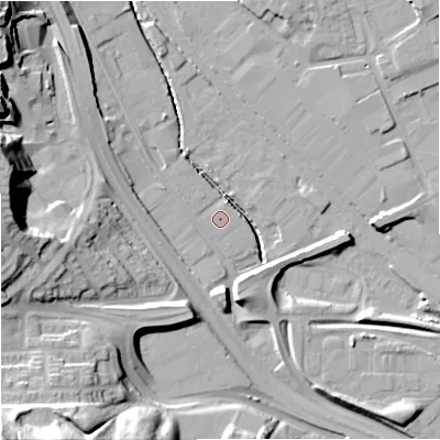 Shaded relief map of the ground around ST47PU, computed from Environment Agency LiDAR. The ground here sits at about 114 m above sea level and falls 39 m across the surrounding 800 m. The ground contributing surface water to this point lies to the west.