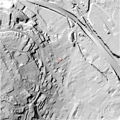 Shaded relief map of the ground around ST47RL, computed from Environment Agency LiDAR. The ground here sits at about 115 m above sea level and falls 55 m across the surrounding 800 m. Surface water reaching this point runs off ground lying to the west-north-west, 10.3 m higher.
