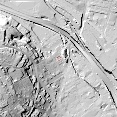 Shaded relief map of the ground around ST47RR, computed from Environment Agency LiDAR. The ground here sits at about 112 m above sea level and falls 53 m across the surrounding 800 m. Surface water reaching this point runs off ground lying to the west-north-west, 36.6 m higher.