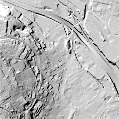 Shaded relief map of the ground around ST47RW, computed from Environment Agency LiDAR. The ground here sits at about 112 m above sea level and falls 54 m across the surrounding 800 m. Surface water reaching this point runs off ground lying to the west, 13.1 m higher.