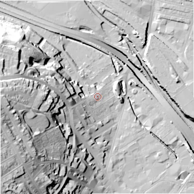 Shaded relief map of the ground around ST47RX, computed from Environment Agency LiDAR. The ground here sits at about 113 m above sea level and falls 56 m across the surrounding 800 m. Surface water reaching this point runs off ground lying to the west, 18.2 m higher.