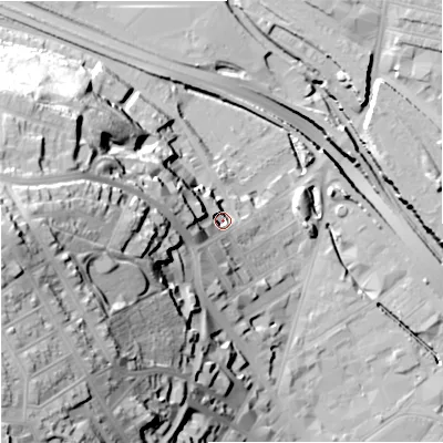 Shaded relief map of the ground around ST47RY, computed from Environment Agency LiDAR. The ground here sits at about 115 m above sea level and falls 59 m across the surrounding 800 m. Surface water reaching this point runs off ground lying to the west-north-west, 16.0 m higher.