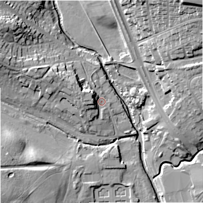 Shaded relief map of the ground around ST48AB, computed from Environment Agency LiDAR. The ground here sits at about 100 m above sea level and falls 28 m across the surrounding 800 m. Surface water reaching this point runs off ground lying to the west, 7.5 m higher.