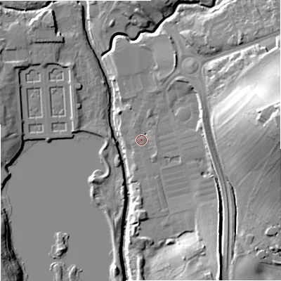 Shaded relief map of the ground around ST48AX, computed from Environment Agency LiDAR. The ground here sits at about 97 m above sea level and falls 34 m across the surrounding 800 m. Surface water reaching this point runs off ground lying to the south-east, 2.6 m higher.