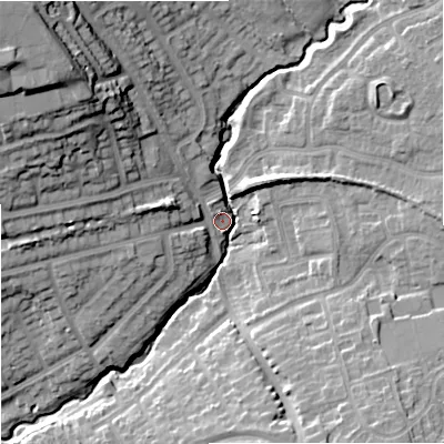 Shaded relief map of the ground around ST48BE, computed from Environment Agency LiDAR. The ground here sits at about 102 m above sea level and falls 31 m across the surrounding 800 m. Surface water reaching this point runs off ground lying to the north-north-west, 17.4 m higher.