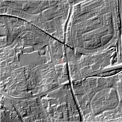 Shaded relief map of the ground around ST48DG, computed from Environment Agency LiDAR. The ground here sits at about 108 m above sea level and falls 19 m across the surrounding 800 m. Surface water reaching this point runs off ground lying to the east, 9.6 m higher.