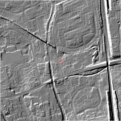Shaded relief map of the ground around ST48DH, computed from Environment Agency LiDAR. The ground here sits at about 110 m above sea level and falls 16 m across the surrounding 800 m. Surface water reaching this point runs off ground lying to the east, 7.2 m higher.