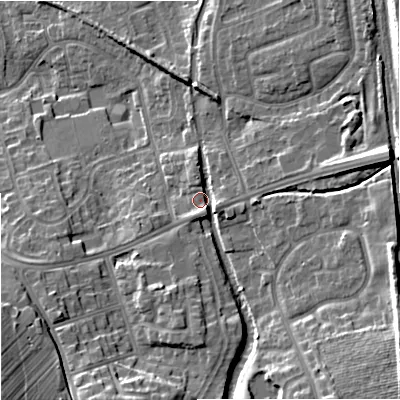 Shaded relief map of the ground around ST48DQ, computed from Environment Agency LiDAR. The ground here sits at about 110 m above sea level and falls 18 m across the surrounding 800 m. Surface water reaching this point runs off ground lying to the south-east, 10.9 m higher.