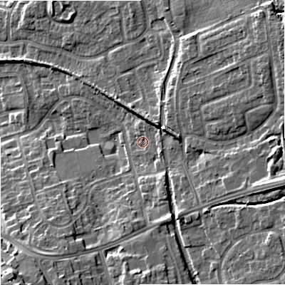 Shaded relief map of the ground around ST48DX, computed from Environment Agency LiDAR. The ground here sits at about 108 m above sea level and falls 16 m across the surrounding 800 m. Surface water reaching this point runs off ground lying to the north-east, 4.6 m higher.