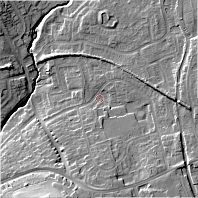 Shaded relief map of the ground around ST48DY, computed from Environment Agency LiDAR. The ground here sits at about 104 m above sea level and falls 17 m across the surrounding 800 m. Surface water reaching this point runs off ground lying to the south, 9.1 m higher.