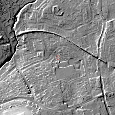 Shaded relief map of the ground around ST48DZ, computed from Environment Agency LiDAR. The ground here sits at about 104 m above sea level and falls 18 m across the surrounding 800 m. Surface water reaching this point runs off ground lying to the south, 9.1 m higher.
