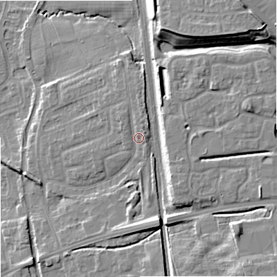 Shaded relief map of the ground around ST48ER, computed from Environment Agency LiDAR. The ground here sits at about 114 m above sea level and falls 19 m across the surrounding 800 m. Surface water reaching this point runs off ground lying to the north, 1.9 m higher.