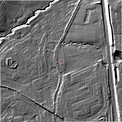 Shaded relief map of the ground around ST48FA, computed from Environment Agency LiDAR. The ground here sits at about 110 m above sea level and falls 23 m across the surrounding 800 m. Surface water reaching this point runs off ground lying to the east, 1.4 m higher.